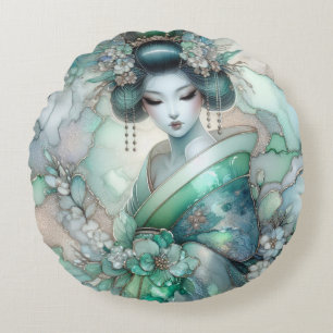Geisha in Green Design Series #1 Round Pillow