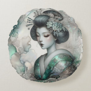 Geisha in Green Design Series #2 Round Pillow