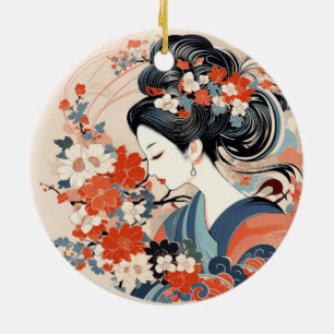 Geisha japonais & Fleurs en céramique ornement