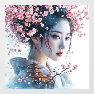 Geisha portrait, cherry blossoms, Japanese art, Window Cling