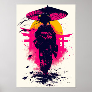 Geisha Silhouette at Sunset – Traditional Elegance Poster