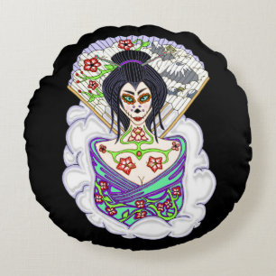 Geisha Sugar Skull Round Pillow