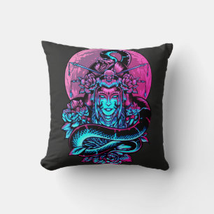 Geisha Tattoo Pink and black floral Throw Pillow
