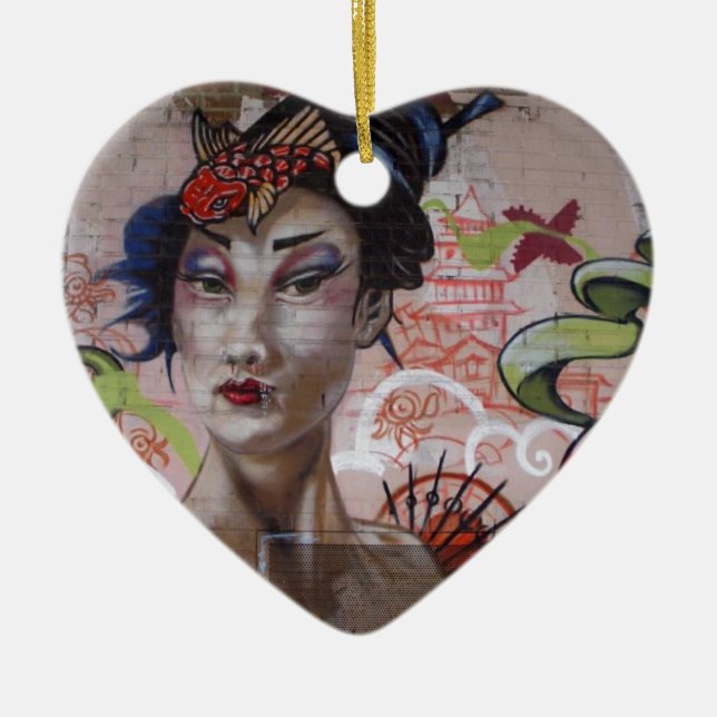 Geisha Urban Graffiti Street Art Ceramic Ornament (Front)