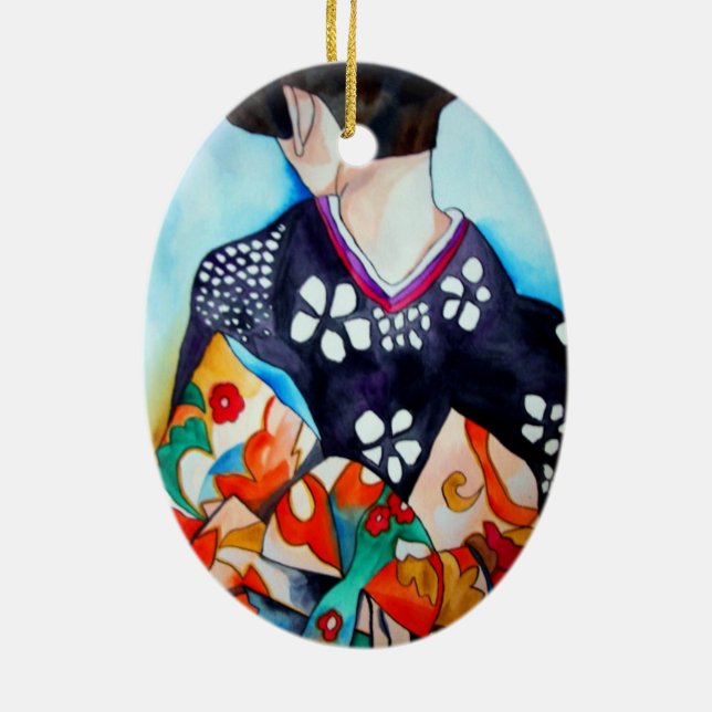 Geisha with dark blue kimono original art ceramic ornament (Back)
