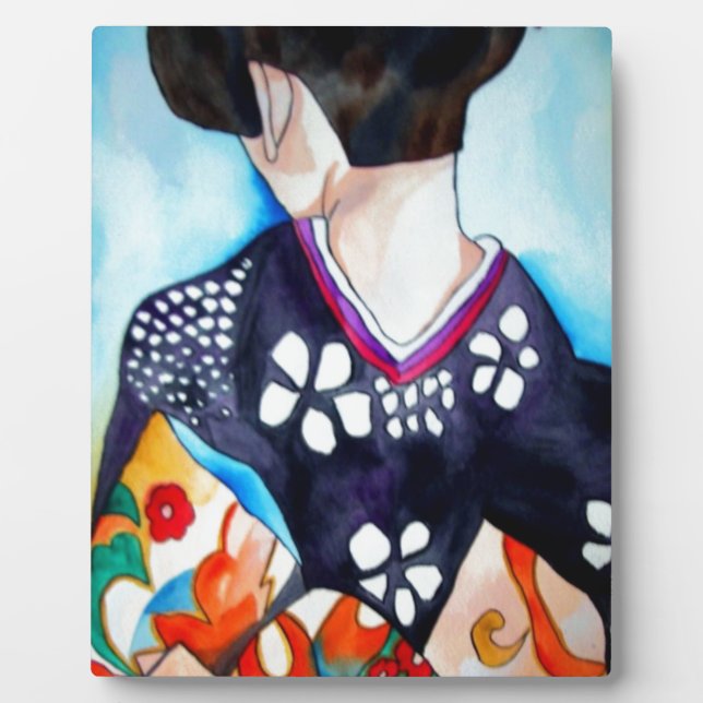 Geisha with dark blue kimono original art plaque (Front)