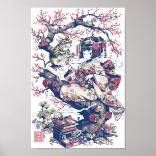 Geisha With Dragon and Cats 37010 Poster