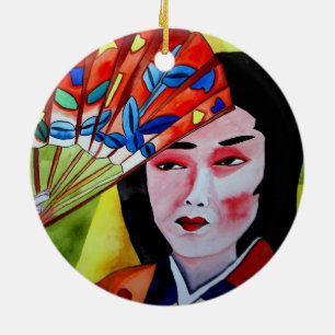 Geisha with Fan Ceramic Ornament