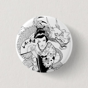 Geisha with Fan Dragon 1 Inch Round Button