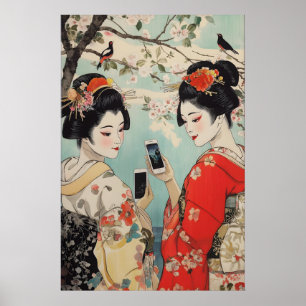Geisha with Smartphones Art Print Ukiyo-e Japanese