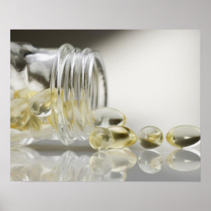 Gelcaps spilling out of glass bottle poster