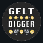 Gelt Digger Hanukkah blue or black Classic Round Sticker<br><div class="desc">Gelt Digger Hanukkah blue or black</div>
