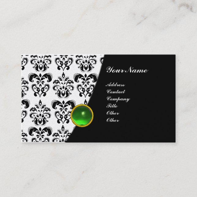 GEM DAMASK MONOGRAM green black white platinum Business Card (Front)