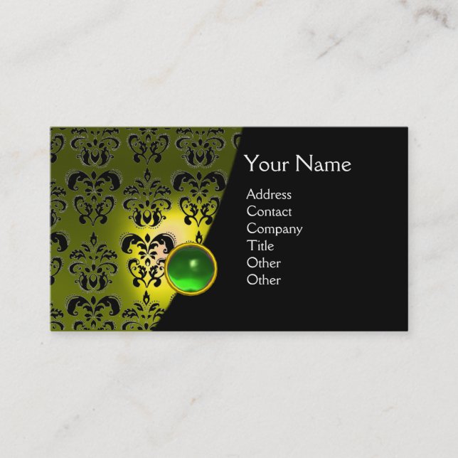 GEM DAMASK MONOGRAM yellow green emerald Business Card (Front)