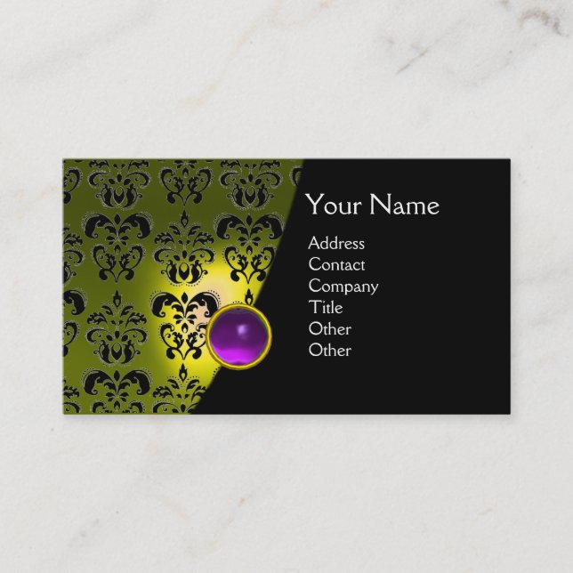 GEM DAMASK MONOGRAM yellow purple amethyst Business Card (Front)