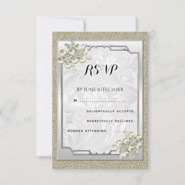 Gem floral encadré, mariage or et argent RSVP (Devant)