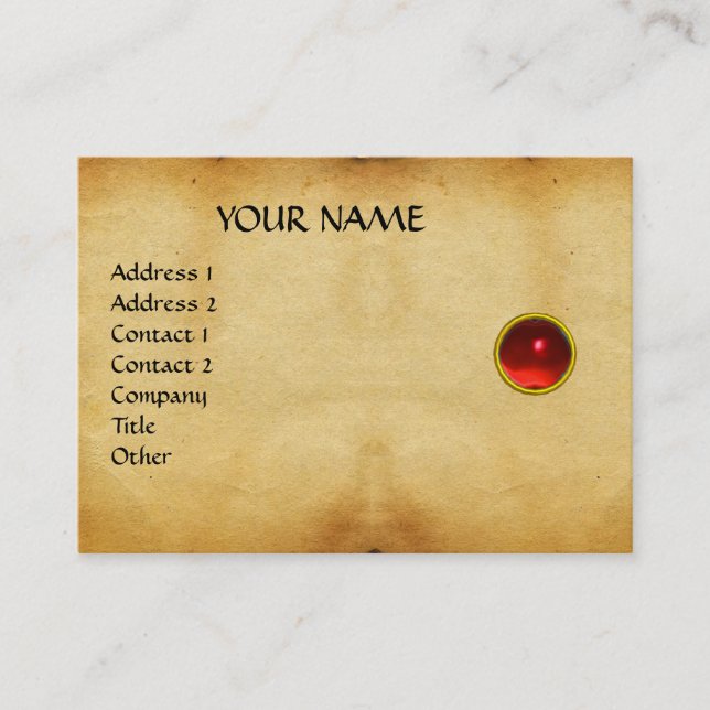 GEM MON ,RED RUBY, GREY AGATA , brown parchment Business Card (Front)