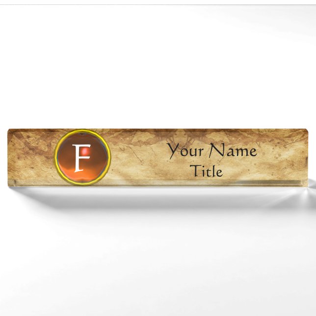 GEM MONOGRAM ,ORANGE SAPPHIRE, parchment Nameplate (Front)