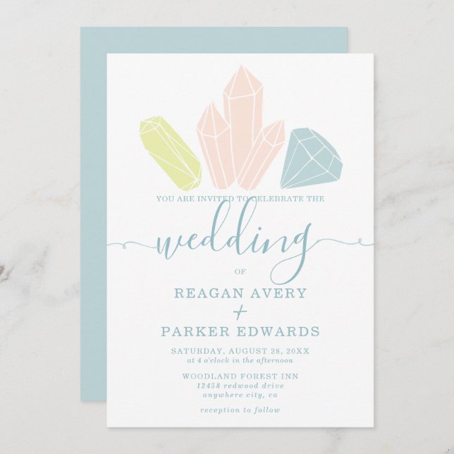 Gem Stones Elegant Pastel Blue Wedding Invitation (Front/Back)