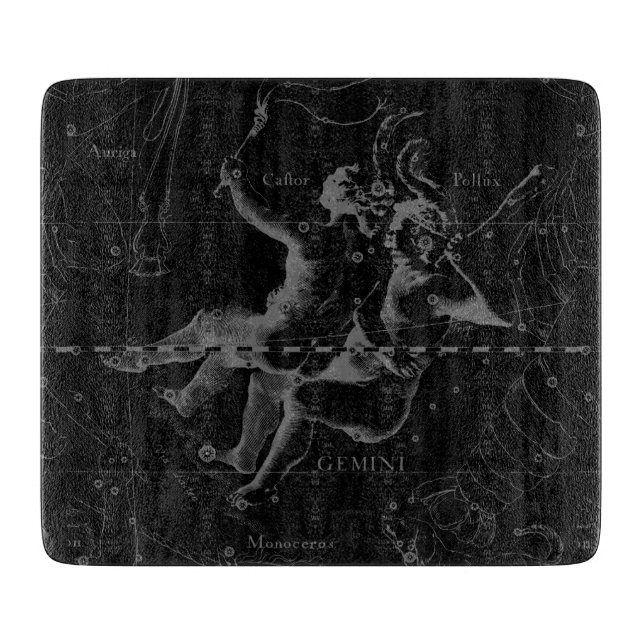 Gemini Constellation Hevelius 1690 on Black Cutting Board (Front)