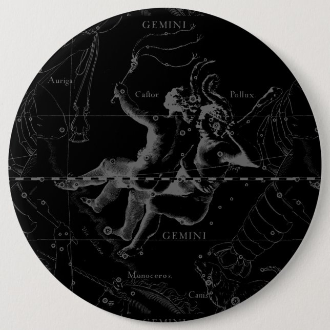 Gemini Constellation Map Engraving by Hevelius 6 Inch Round Button (Front)