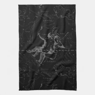 Gemini Constellation Map Hevelius 1690 on Black Kitchen Towel