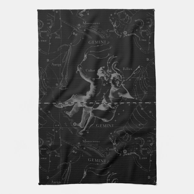 Gemini Constellation Map Hevelius 1690 on Black Kitchen Towel (Vertical)