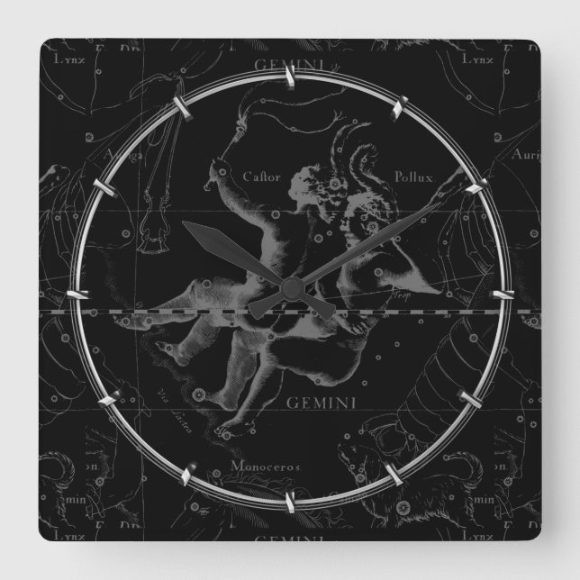 Gemini Constellation Map Hevelius 1690 on Black Square Wall Clock (Front)