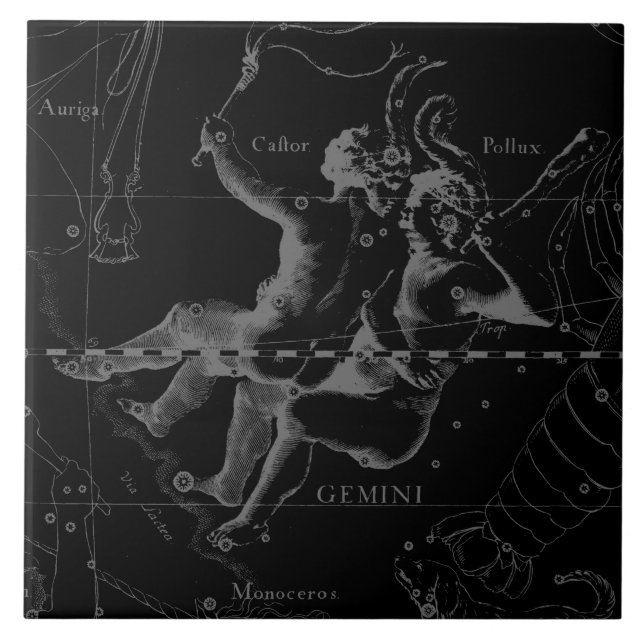 Gemini Constellation Map Hevelius 1690 on Black Tile (Front)