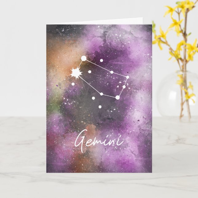 Gemini Constellation Zodiac Purple Galaxy Card (Yellow Flower)