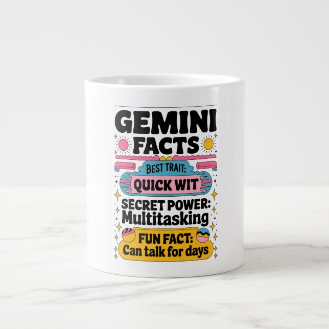 Gemini Facts: Quick Wit, Multitasking, and Endless Large Coffee Mug (Front)