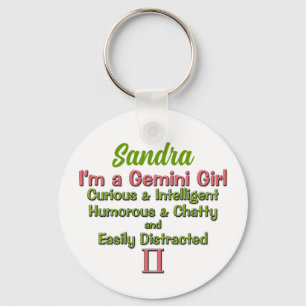 Gemini Girl Pink and Green Zodiac with Name Keychain