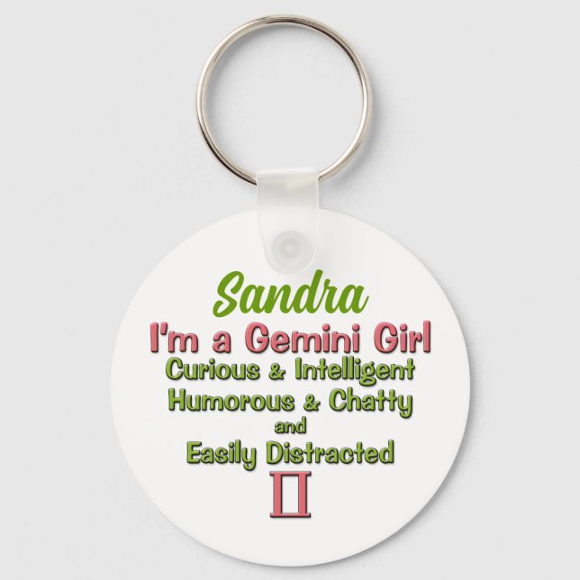 Gemini Girl Pink and Green Zodiac with Name Keychain (Front)