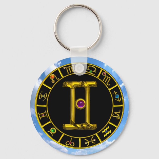 GEMINI GOLD ZODIAC BIRTHDAY JEWEL Astrology Chart Keychain (Front)