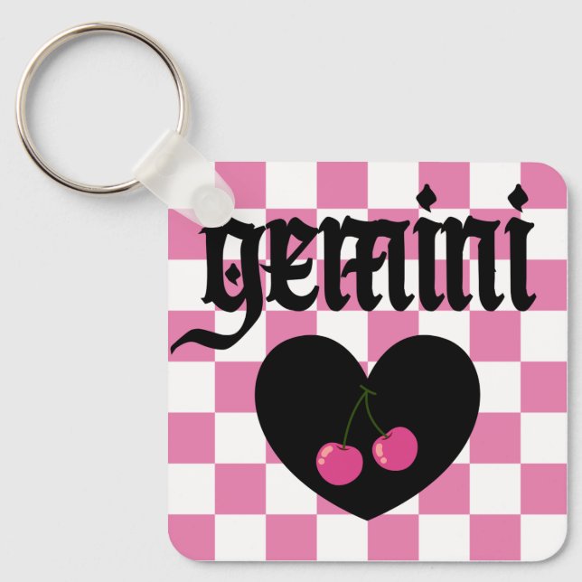 Gemini Gothic Aesthetic Chequered Cherry Design Keychain (Front)
