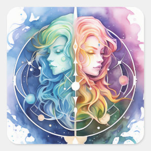 Gemini Horoscope Symbol the Twins Watercolor Square Sticker
