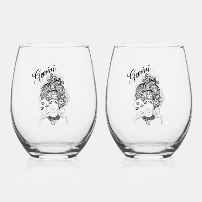 Gemini Masked Lady Zodiac Glass (Front)