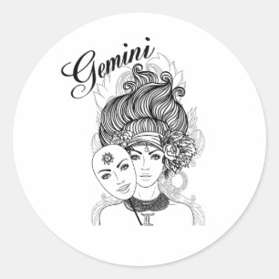 Gemini Masked Lady Zodiac Glass Classic Round Sticker