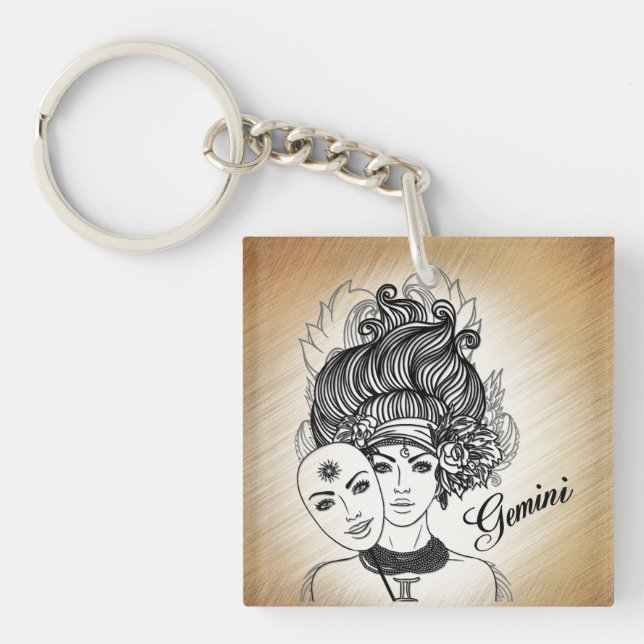 Gemini Masked Lady Zodiac Keychain (Front)