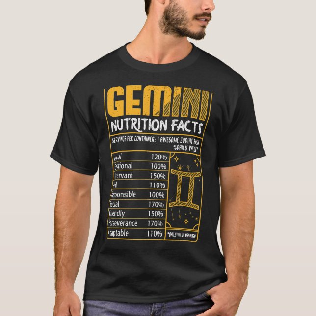 Gemini Nutrition Facts Zodiac Sign Birthday Month  T-Shirt (Front)
