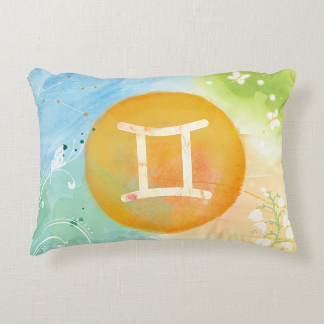 Gemini Pastel Watercolour Astrology Zodiac Sign Accent Pillow (Front)