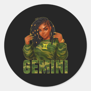 Gemini Queen Loc'd Black Woman Camo Zodiac Sign  Classic Round Sticker