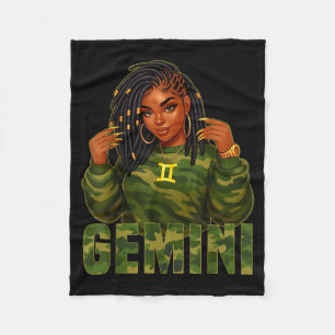 Gemini Queen Loc'd Black Woman Camo Zodiac Sign  Fleece Blanket