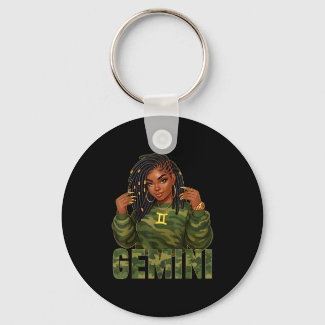 Gemini Queen Loc'd Black Woman Camo Zodiac Sign  Keychain (Front)