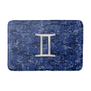 Gemini Sign on Navy Blue Digital Camouflage Bath Mat