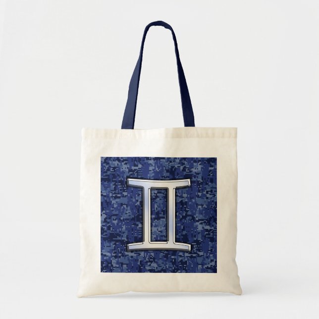 Gemini Sign on Navy Blue Digital Camouflage Tote Bag (Front)
