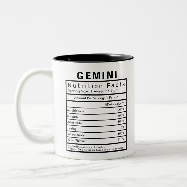 Gemini Star Sign Nutrition Facts Statistics Two-Tone Coffee Mug (Left)