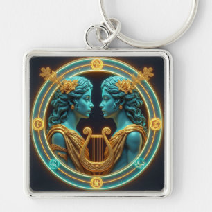 Gemini Twins Goddess Statues With Neon Circle Keychain