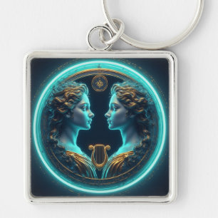 Gemini Twins Goddess Statues With Neon Circle Keychain