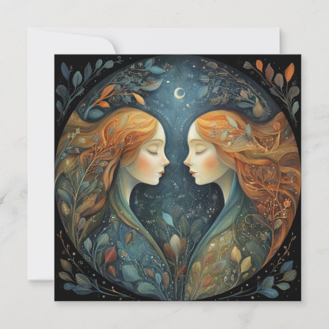 Gemini Twins Zodiac Astrology Mystical Birthday Card (Front)